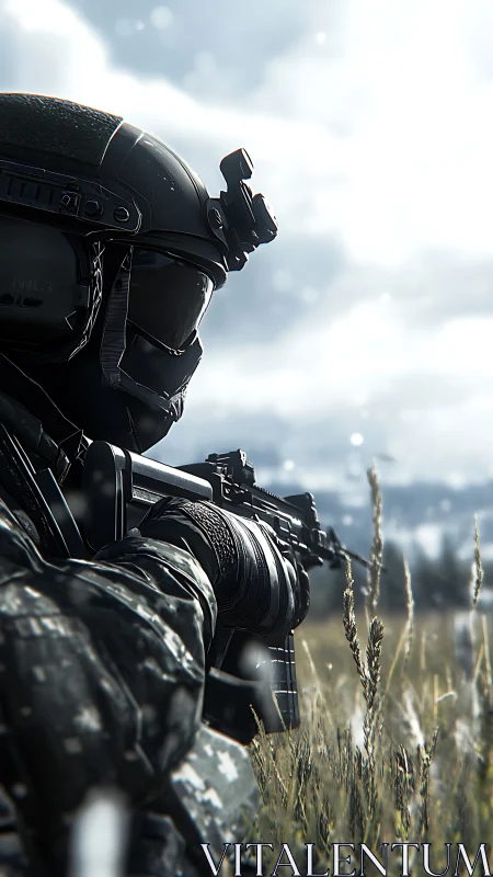 Armed soldier in tactical gear aiming rifle outdoors.