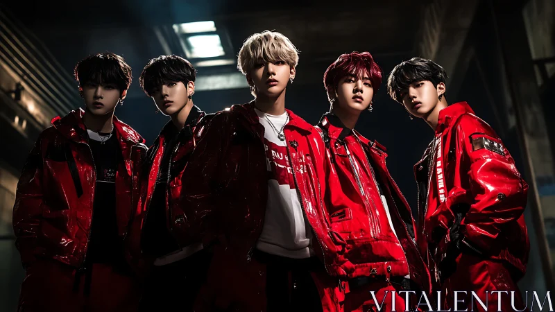 Red-clad boy band in cinematic low-key studio lighting stance