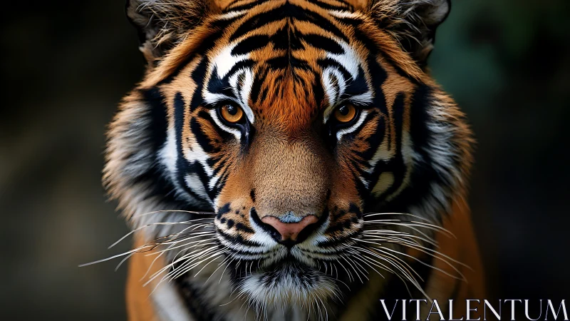 Close frontal portrait of tiger with intense gaze.