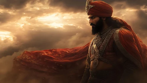 Warrior king in crimson turban surveys stormlit horizon.