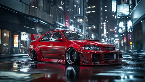 Slammed red tuner car glows under neon lights in rainy city