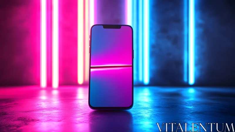 Smartphone with Neon Lights in Modern Futuristic Studio Setting.