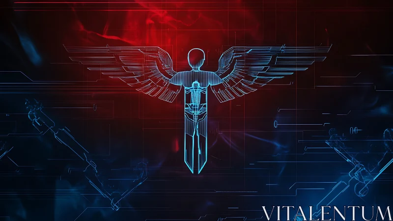 Glowing cyber angel rises with neon wings in a digital sky