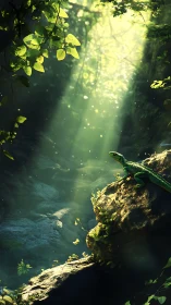 High-contrast forest lizard study with volumetric god rays and bokeh
