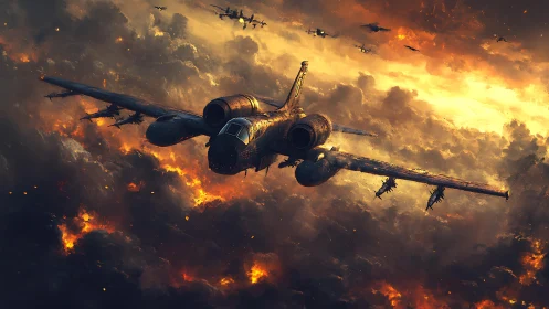 Wartorn attack jet squadron over incendiary storm clouds.