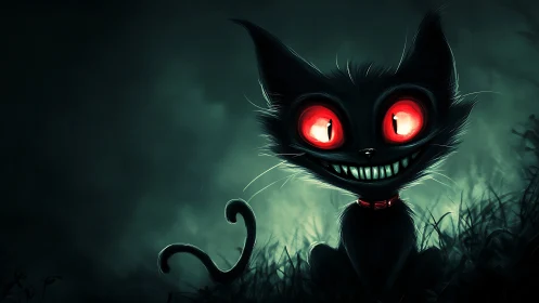 Wide-eyed black cat with glowing grin in eerie light.