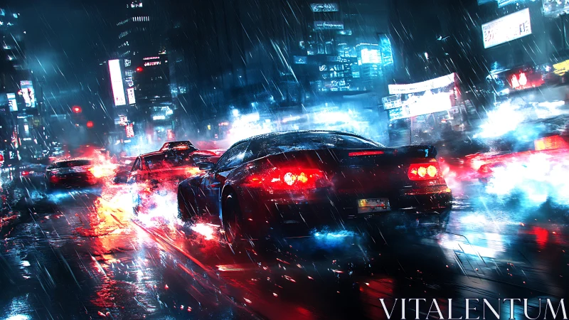Night street race in neon lit rainy cyberpunk cityscape.