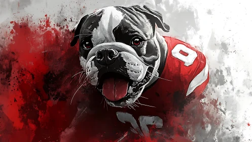 Gridiron bulldog mascot lunges through splashed scarlet haze.