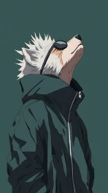 Stylized anthropomorphic dog in jacket and sunglasses looks up