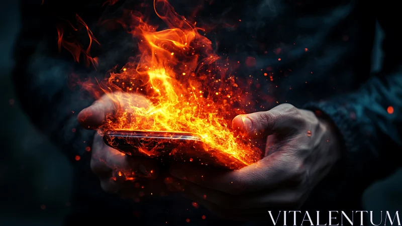 Hands Holding Burning Smartphone with Explosive Fire