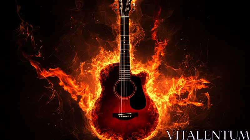 Fiery acoustic guitar glows as swirling flames dance around