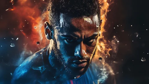 Bifurcated thermal portrait with fire‑ice atmospheric effects.