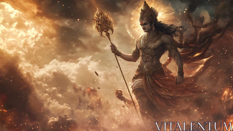 Stormlit warrior strides through molten clouds of divinity