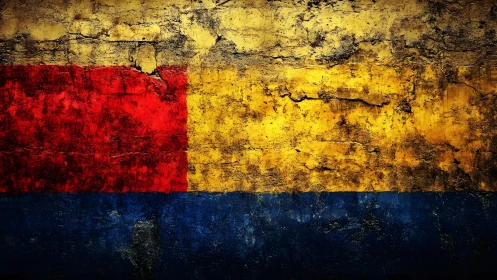 Grunge Romanian Flag Painted on Weathered Concrete Wall Texture.