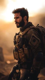 Soldier in tactical gear against warm battlefield sunset.