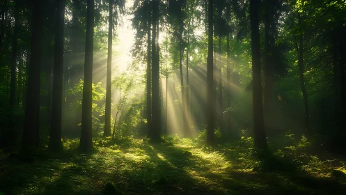 Sunbeams Filtering Through Dense Forest in Tranquil Morning Light.