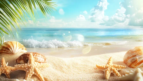Sunlit seashells and starfish lounging on a dreamy shore.