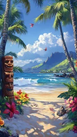 Tropical Paradise Beach with Tiki Totem, Palm Trees, and Mountain Vista