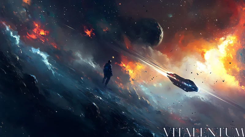 Lone astronaut watching starship streak past burning sky.