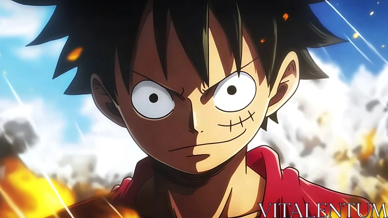 Determined anime hero standing bold amid glowing sparks.