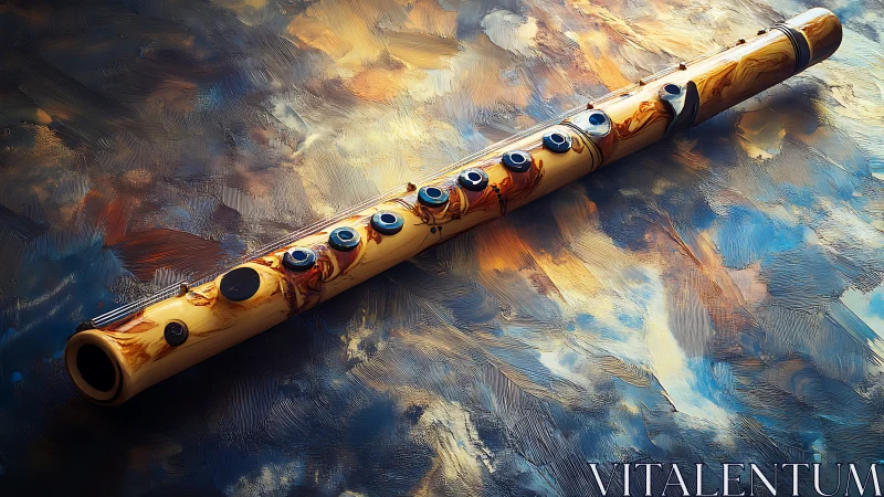 Wooden flute on impasto canvas under directional studio lighting