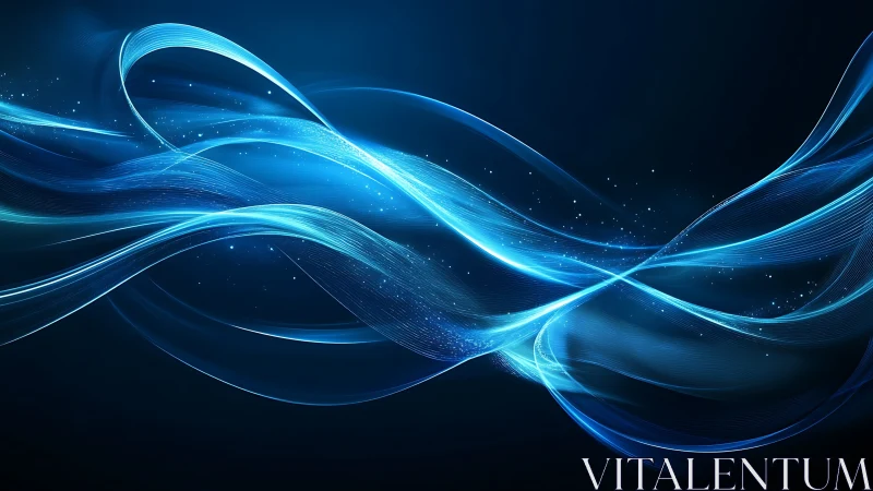 Luminous blue energy waves flow across dark abstract space
