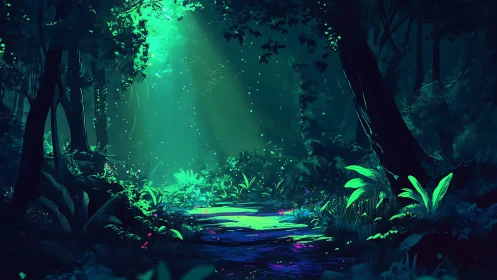 Luminous Forest Stream with Bioluminescent Flora.