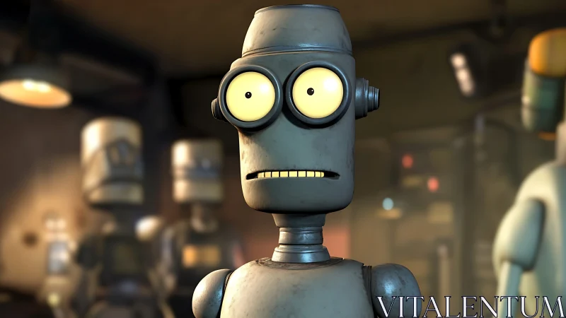 Grey cartoon robot portrait in industrial interior scene.