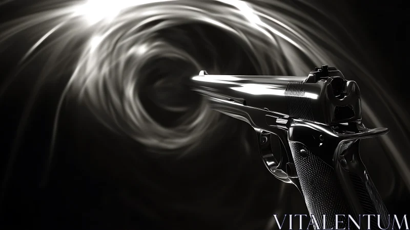 Metallic handgun in perspective against swirling light vortex.