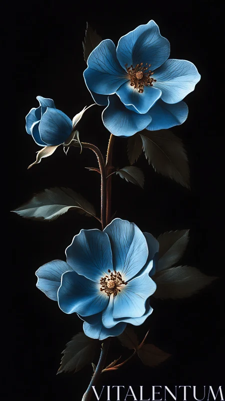 Blue Floral Study: Delicate Blooms Against Dramatic Darkness