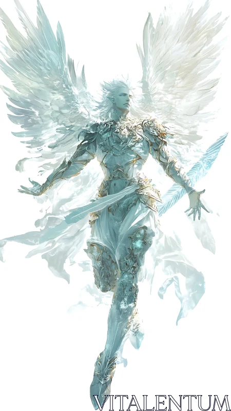 Celestial armored seraph descends in ethereal backlit glow