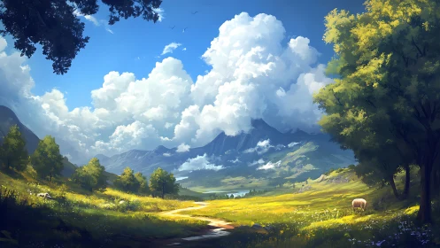 Digital landscape shows valley, distant mountains and clouds