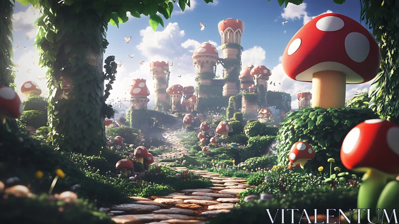Mushroom towers in a lush fantasy garden landscape.