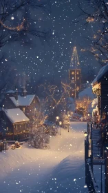 Snow-laden village street with illuminated church tower at dusk