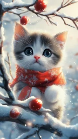Snowy winter kitten with red scarf among frosted berries