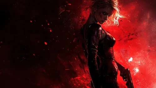 Female figure with handgun against red abstract field.