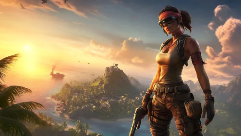 Sunset commando guarding a war-torn tropical paradise.