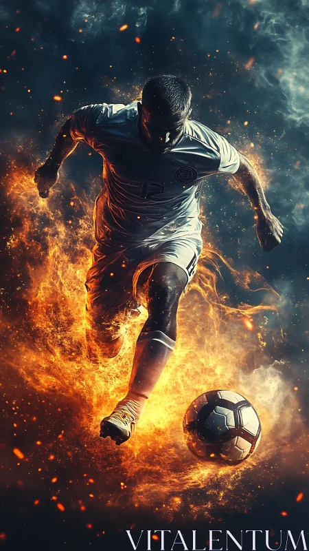 Fiery soccer striker charges forward in blazing motion.