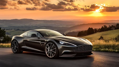 Black grand tourer coupe parked on rural road at sunset