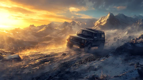 Sunflare SUV roaring across stormlit alpine ridgeline.