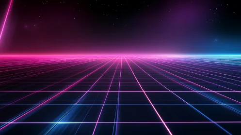 Neon grid horizon under starry night sky in retro style.