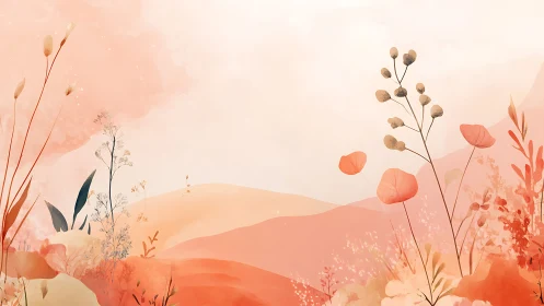 Soft pastel floral landscape watercolor illustration with gentle tones.