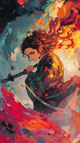 Sword-wielding figure amid abstract flame and smoke field.