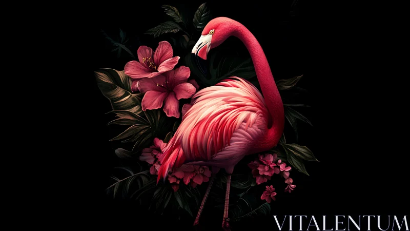Flamingo portrait with tropical florals on black ground.