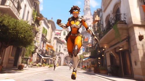 Futuristic speed heroine sprinting through sunlit city street.