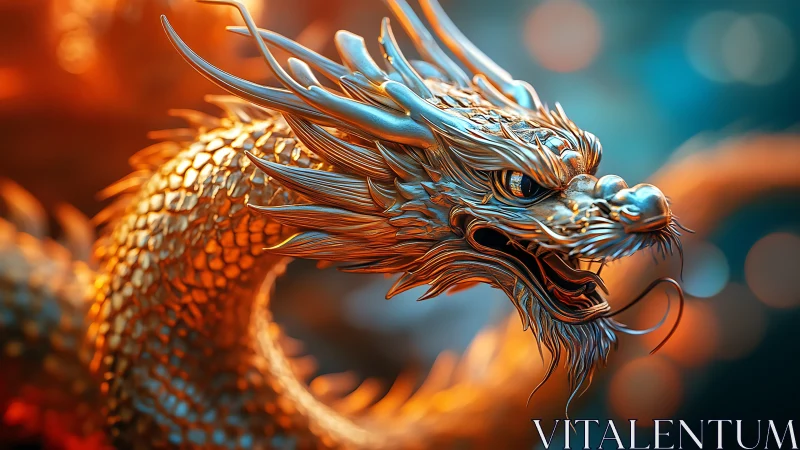 Luminous golden dragon coils in vivid cinematic bokeh glow