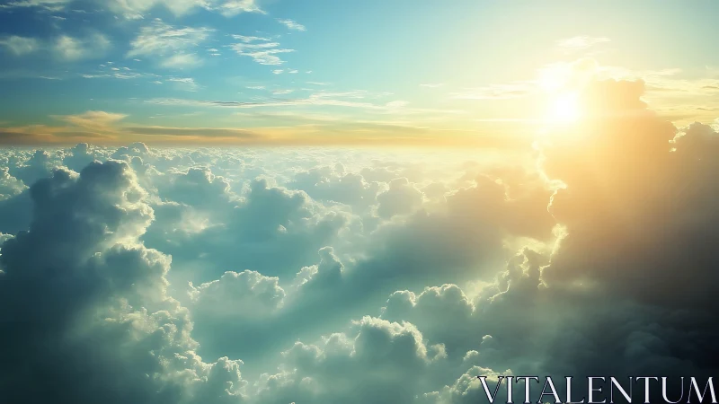 Sunlit cumulonimbus field rendered in soft atmospheric perspective