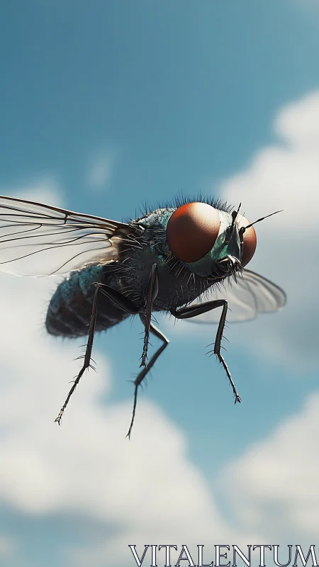 Housefly hovers midair rendered with hyperreal detail