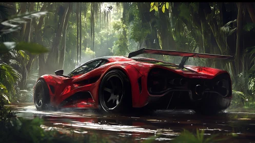 Red hypercar idles on wet jungle track under filtered light