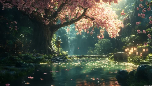 Cherry blossom tree dominates tranquil pond in lush valley
